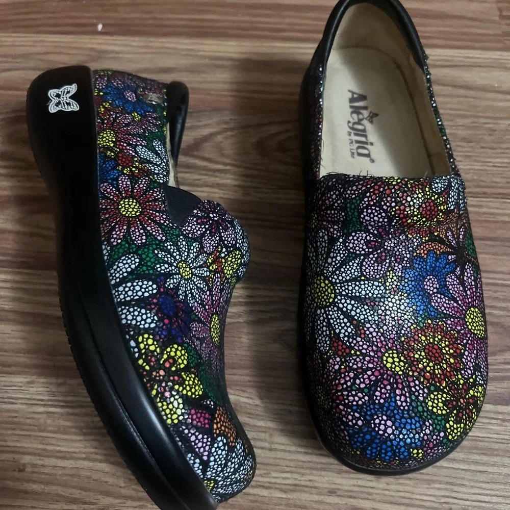 Alegria Black Multicolor Floral Slip-On Clogs with Mosaic Flowers - Picture 1 of 9